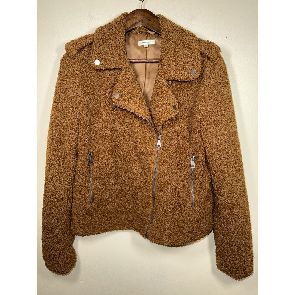 Max Studio Teddy Fleece Moto Jacket Brown Cognac Sherpa Biker Medium